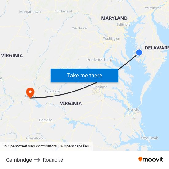 Cambridge to Roanoke map