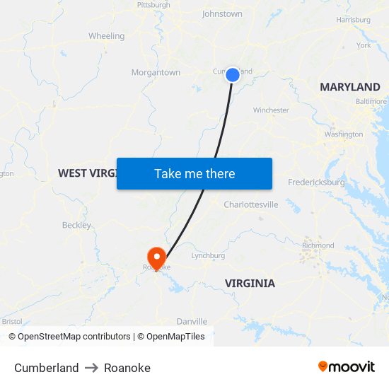 Cumberland to Roanoke map