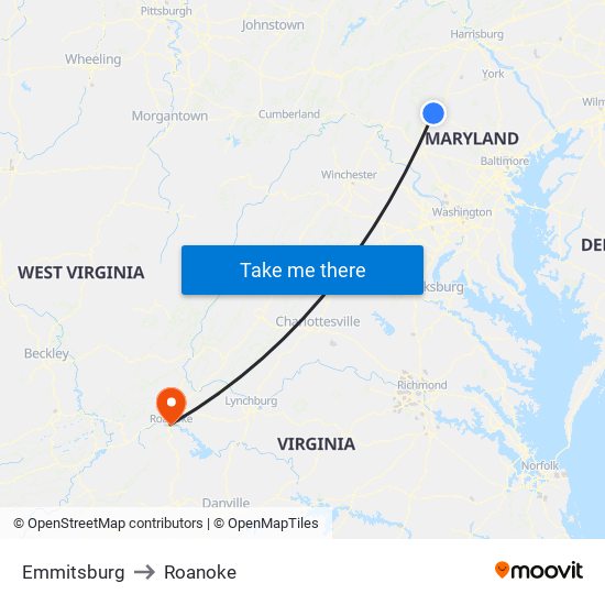 Emmitsburg to Roanoke map