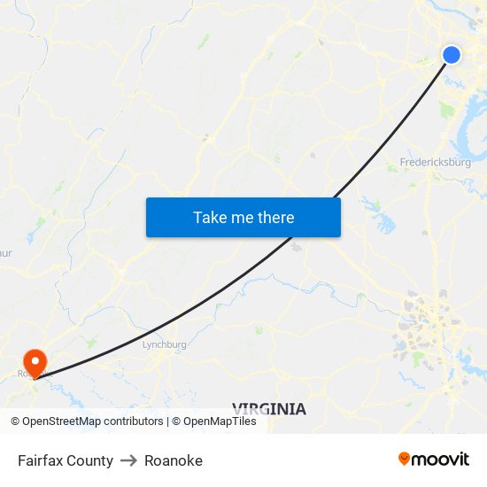 Fairfax County to Roanoke map