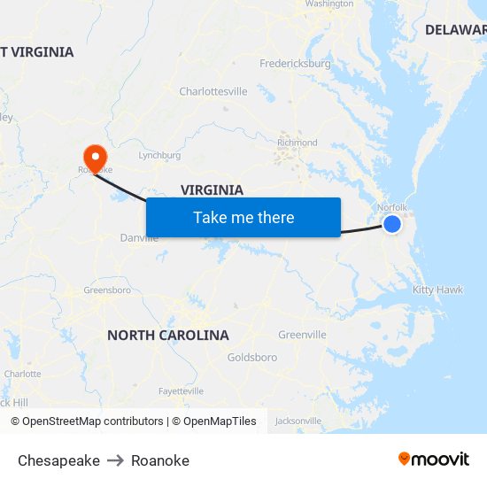 Chesapeake to Roanoke map