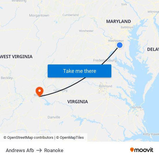 Andrews Afb to Roanoke map