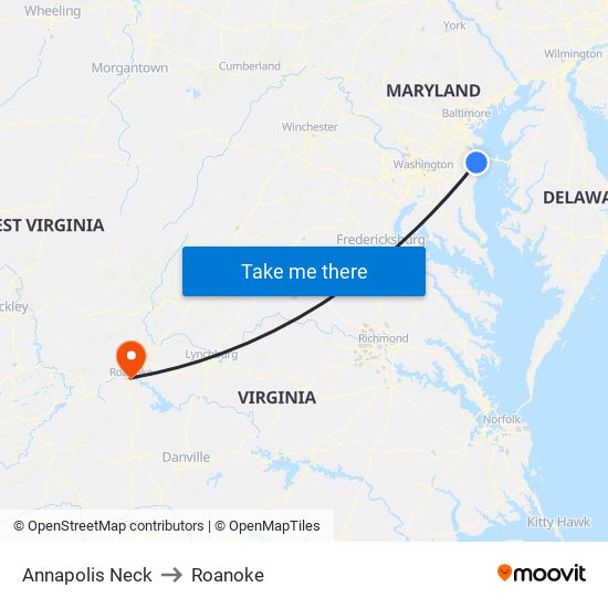 Annapolis Neck to Roanoke map