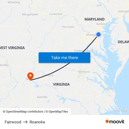 Fairwood to Roanoke map