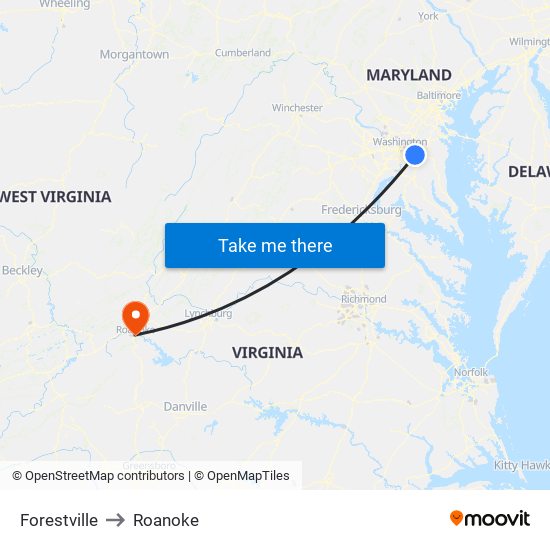 Forestville to Roanoke map