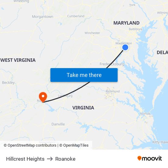 Hillcrest Heights to Roanoke map