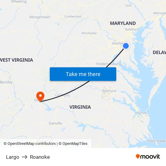 Largo to Roanoke map