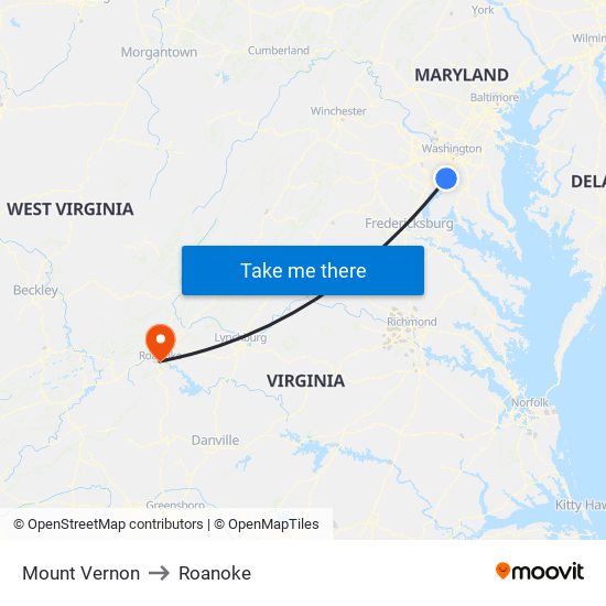 Mount Vernon to Roanoke map