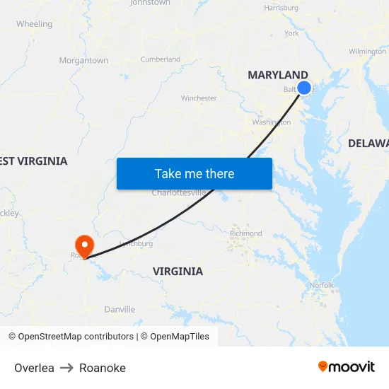 Overlea to Roanoke map