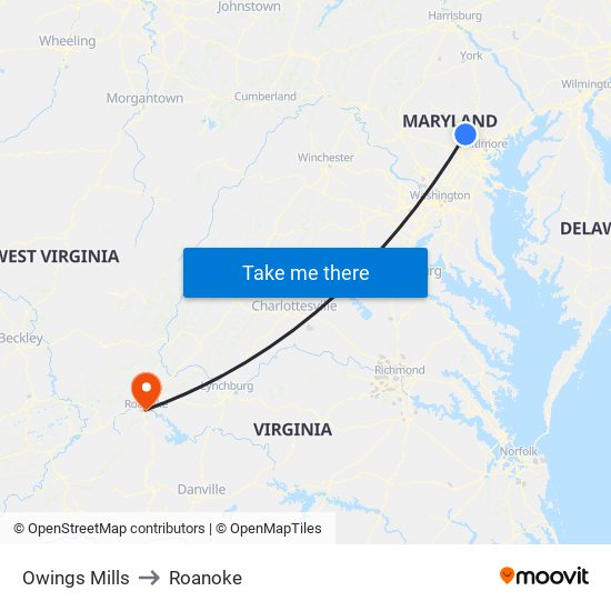 Owings Mills to Roanoke map