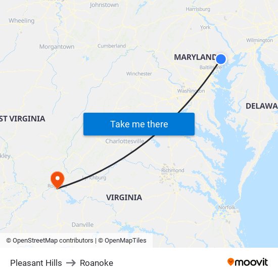 Pleasant Hills to Roanoke map