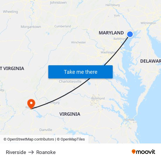 Riverside to Roanoke map