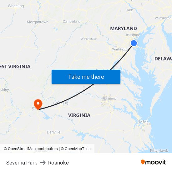 Severna Park to Roanoke map