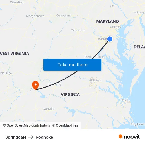 Springdale to Roanoke map