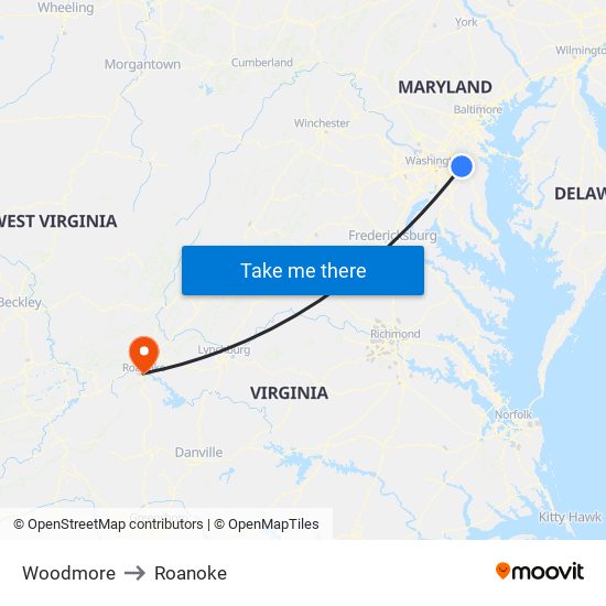 Woodmore to Roanoke map