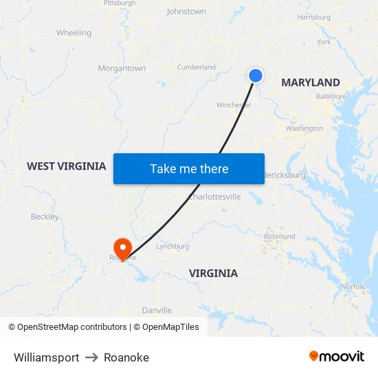 Williamsport to Roanoke map