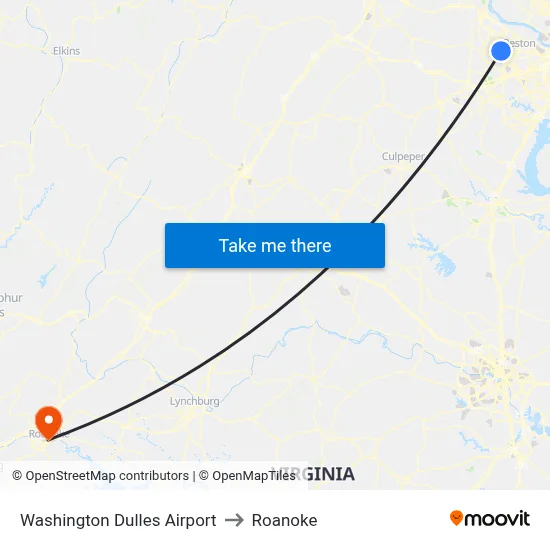 Washington Dulles Airport to Roanoke map