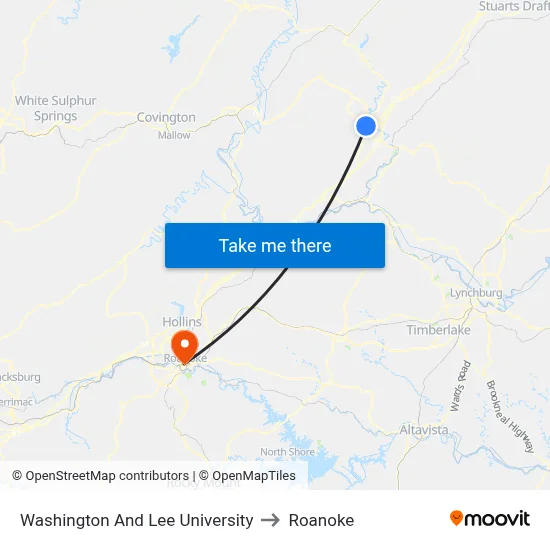 Washington And Lee University to Roanoke map