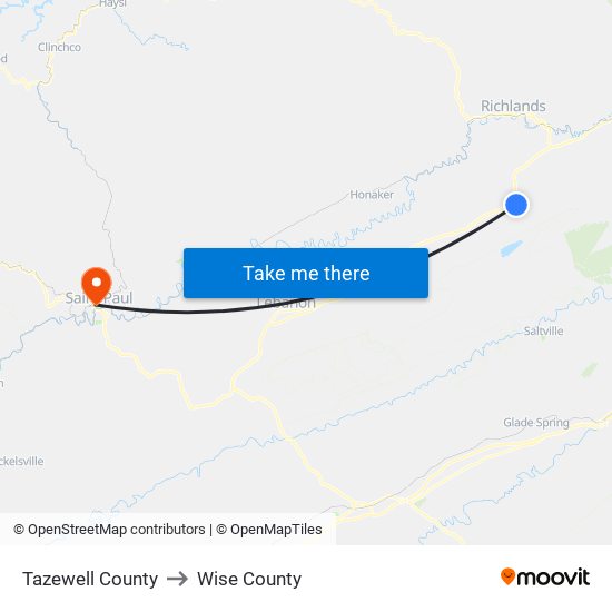 Tazewell County to Wise County map