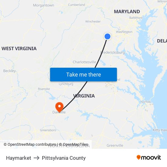 Haymarket to Pittsylvania County map