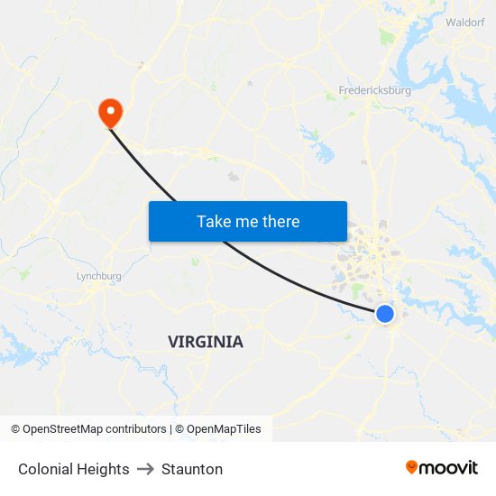 Colonial Heights to Staunton map