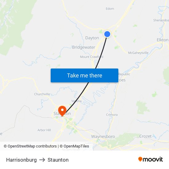 Harrisonburg to Staunton map