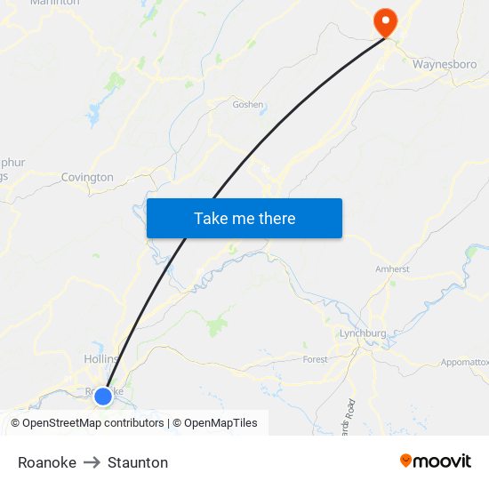 Roanoke to Staunton map