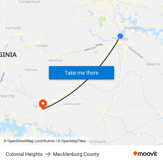 Colonial Heights to Mecklenburg County map