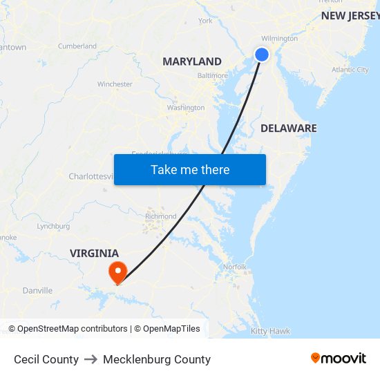 Cecil County to Mecklenburg County map