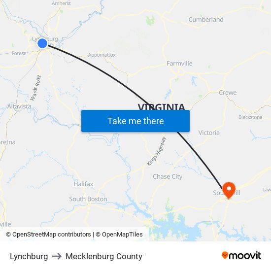 Lynchburg to Mecklenburg County map