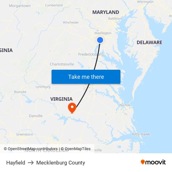 Hayfield to Mecklenburg County map