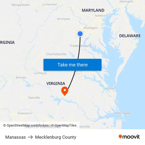 Manassas to Mecklenburg County map