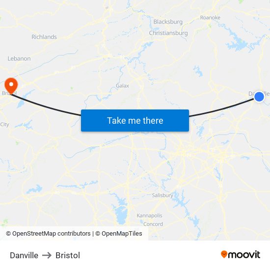 Danville to Bristol map