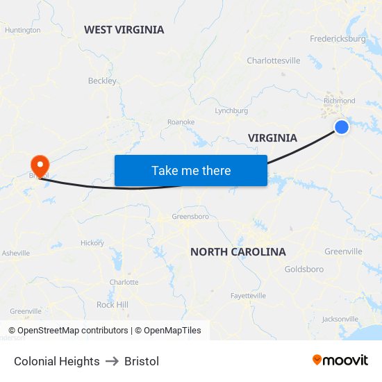 Colonial Heights to Bristol map