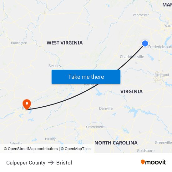 Culpeper County to Bristol map