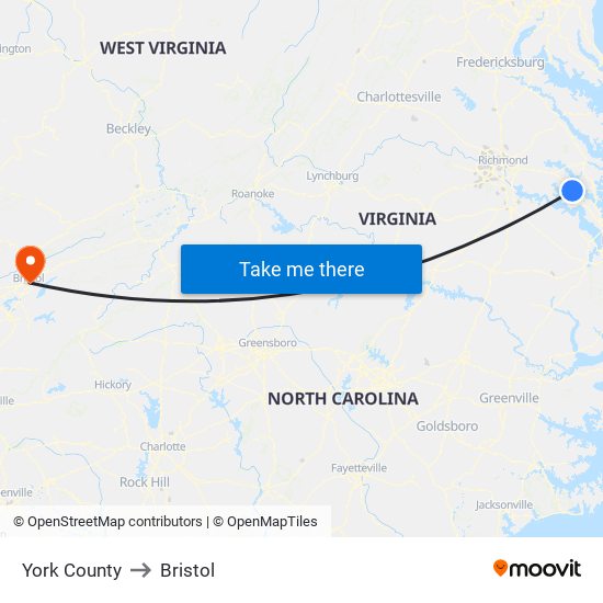 York County to Bristol map