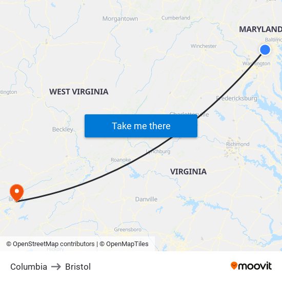 Columbia to Bristol map