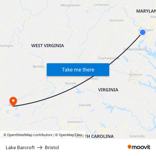 Lake Barcroft to Bristol map