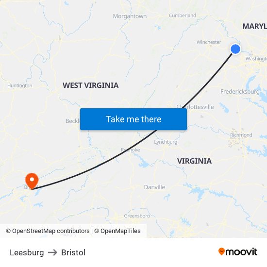 Leesburg to Bristol map