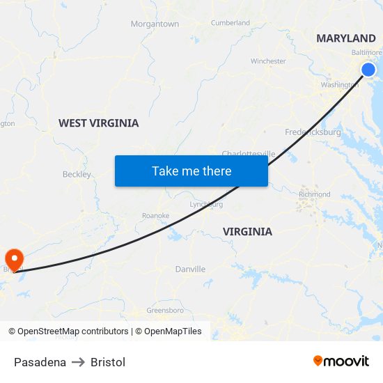 Pasadena to Bristol map