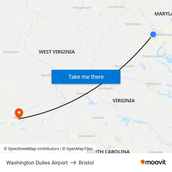 Washington Dulles Airport to Bristol map