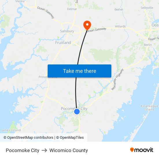 Pocomoke City to Wicomico County map