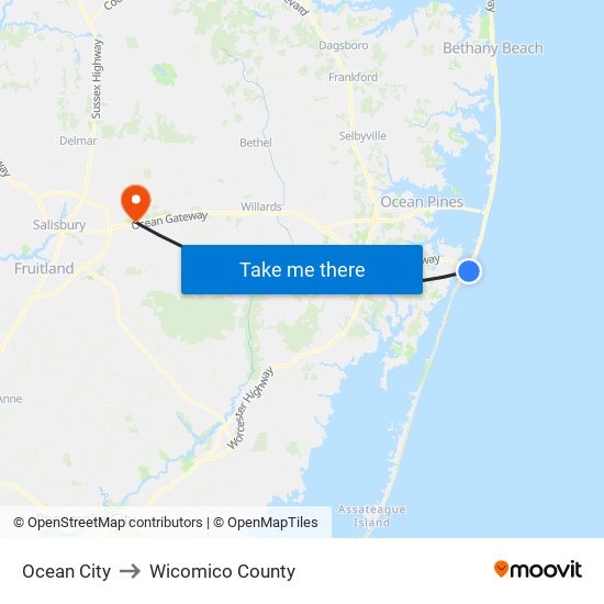 Ocean City to Wicomico County map