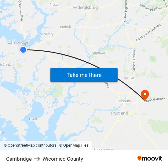 Cambridge to Wicomico County map