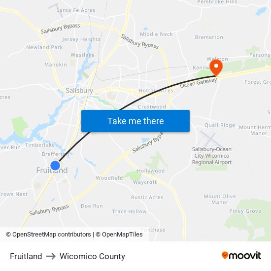 Fruitland to Wicomico County map