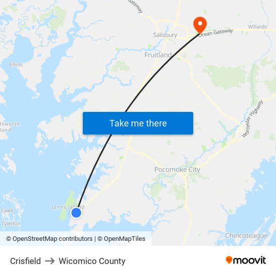 Crisfield to Wicomico County map