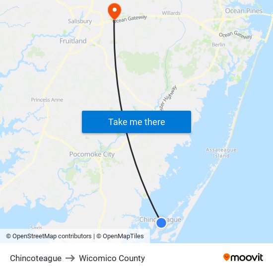 Chincoteague to Wicomico County map