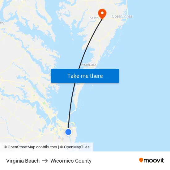 Virginia Beach to Wicomico County map