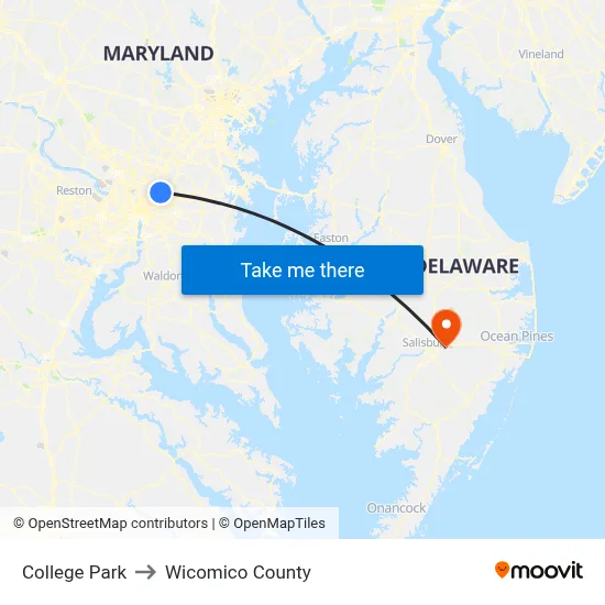 College Park to Wicomico County map