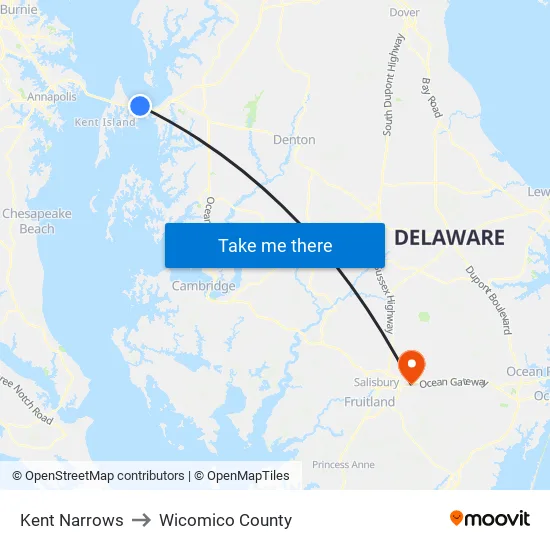 Kent Narrows to Wicomico County map